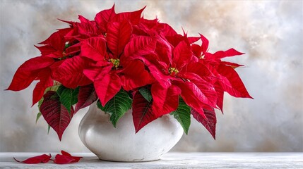 A beautiful arrangement of vibrant red poinsettia flowers in a white vase against a subtly textured background