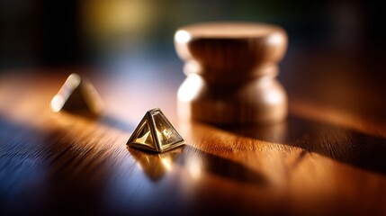 Close-up view of a golden pyramid-shaped object and a wooden structure on a polished surface