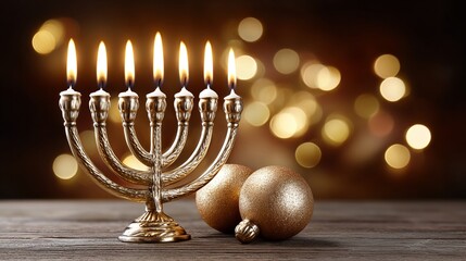 Elegant Menorah with Lit Candles and Christmas Ornaments on Wooden Surface with Bokeh Background
