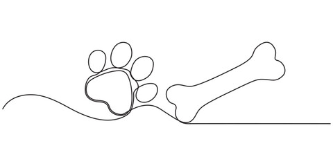 Drawing of a dog's paw and bone with a continuous line. Paw print with bone with one editable line. Vector illustration. © Vector Man