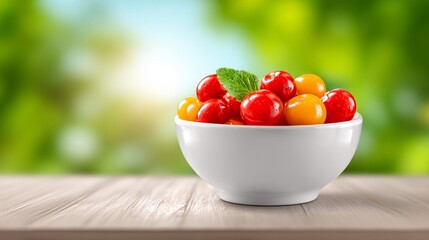 Fresh cherry tomatoes in a white bowl with a blurred garden background and soft sunlight
