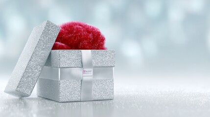 Festive silver gift box with red contents on a sparkling surface with soft bokeh background