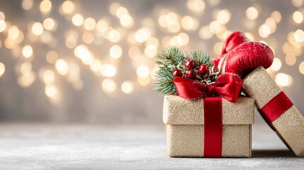 Festive holiday gift box with red ribbon and pine decorations against blurred lights
