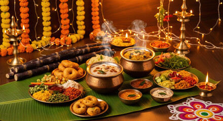south indian Pongal feast featuring sakkarai pongal and ven pongal in brass pots alongside medu vada and various side dishes on a banana leaf with flowers and oil lamps for makar sankranti and lohri