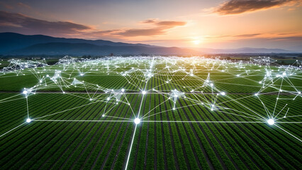 Futuristic smart farm with glowing network connections at sunset