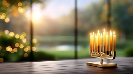Elegant menorah with lit candles on a wooden table against a blurred outdoor background
