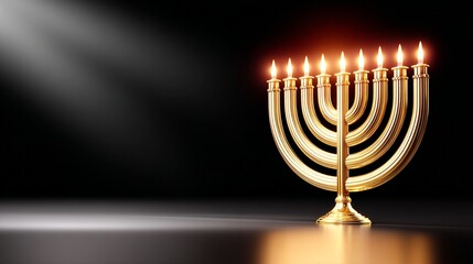 Golden menorah with nine lit candles on a dark background symbolizing a traditional Jewish celebration
