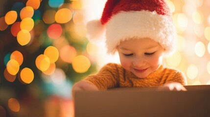 Child opens a box while wearing a Santa hat during Christmas time