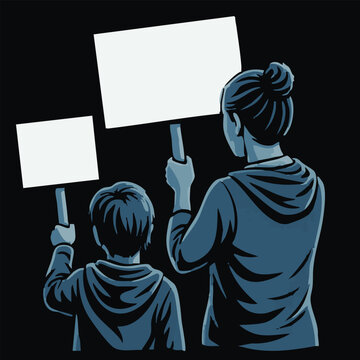Vector illustration of woman and child protesters holding blank signs, banner on a protest demostration or picket. People against violence, pollution, descrimination, human rights violation.