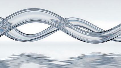 Abstract image of two intertwined transparent wavy structures reflecting on a pristine surface.