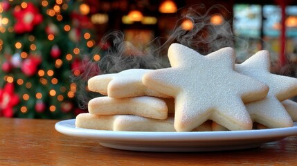 Festive star-shaped sugar cookies on a plate with a decorated Christmas tree in the background