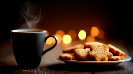 Warm cup of coffee with steam beside a plate of cookies on a wooden table with blurred lights