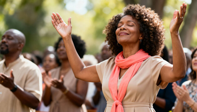 An African American woman with hands raised in worship during an outdoor church service. Spiritual person expressing faith and gratitude with her community