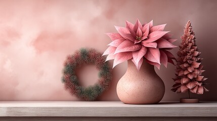 Elegant Holiday Arrangement with Pink Poinsettia in Vase, Wreath, and Christmas Tree