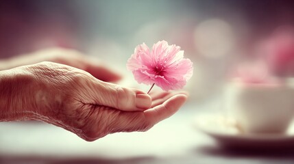 Elderly hand gently holding a delicate pink flower with a blurred background