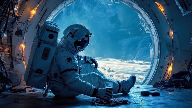 Astronaut drinking beer while admiring alien planet from spaceship window