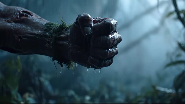 Bloody hand reaching out from a misty forest in a horror scene