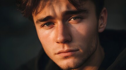 A pensive young man s face captured in a close up portrait illuminated by the warm dramatic light of the golden hour creating a moody atmosphere