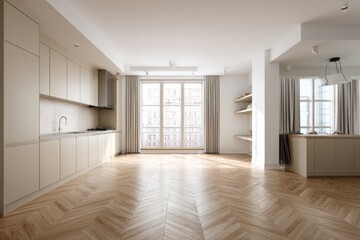 Contemporary open plan living space showcases modern kitchen cabinetry and light wooden flooring