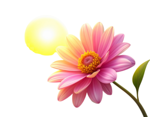 Single Pink Flower Facing Rising Yellow Sun, Conceptual Layout, isolated