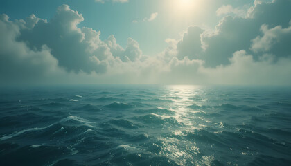 Dreamlike seascape ethereal misty clouds vast aqua expanse sunlight glow