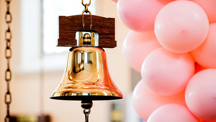 Shiny Gold Bell with Wooden Handle Surrounded by Pink Balloons in Bright Room