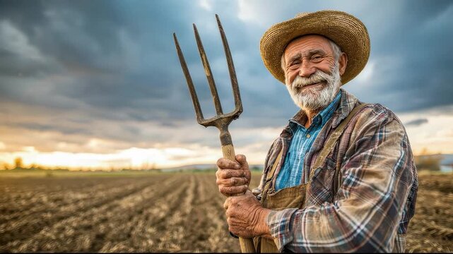Senior farmer holding pitchfork in cultivated field at sunset