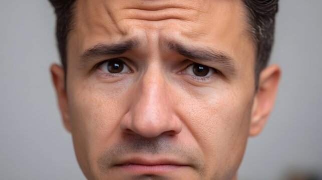 Close up portrait of a man with a deeply worried and sad expression conveying concern and deep thought