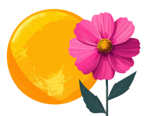 Pink Flower and Yellow Sun Side by Side, Flat Illustration Style, isolated