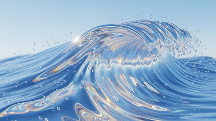 A close-up view of a large, clear blue ocean wave cresting, with sunlight reflecting off its pristine surface and creating shimmering effects.