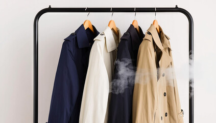 Obraz premium Clothing Rack with Navy, White, and Beige Coats Hanging on Wooden Hangers Against Plain Background