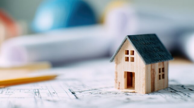 Small wooden house model placed on architectural blueprints with tools