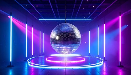 A large disco ball hangs from a ceiling