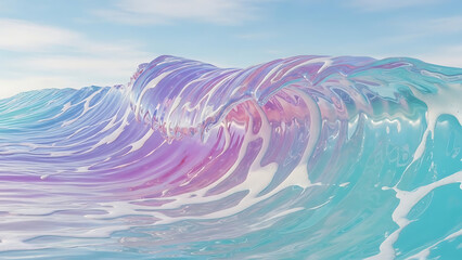 A vibrant, translucent ocean wave breaking with purple, pink, and blue hues under a clear sky.