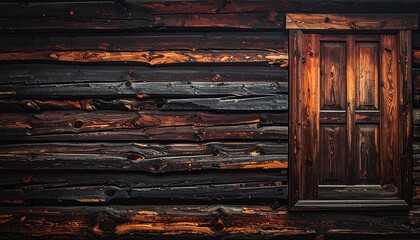 Dark colored wooden cabin wall with door