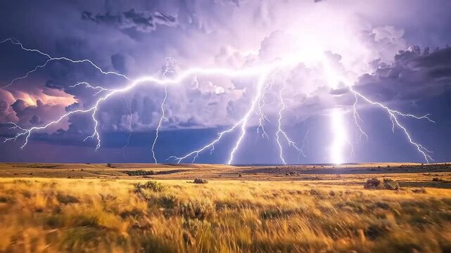 Dramatic lightning storm illuminates a golden field with powerful energy and atmospheric tension.
