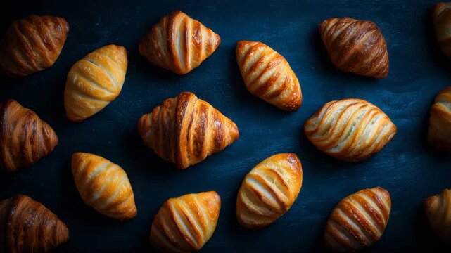 Golden croissant and pastry selection dark background, showcasing flaky layers, fresh baked bread, golden glossy finish, perfect for breakfast or bakery display, inviting food scene, appetizing shine