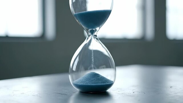 Blue sand flows through hourglass measuring time on table. Glass timer with falling sand counts deadline. Hourglass shows time passing. Sand flows through glass timer. Time management concept.