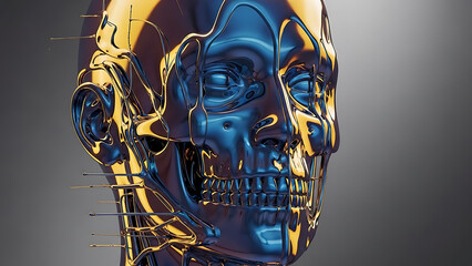 Futuristic metallic human head with exposed internal structure, reflecting gold and blue hues, representing advanced robotics and artificial intelligence.