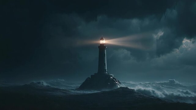 Solitary lighthouse stands firm amid raging ocean storm, illuminated by powerful beacon light cutting through dramatic dark clouds and turbulent waves at night, evoking resilience and hope