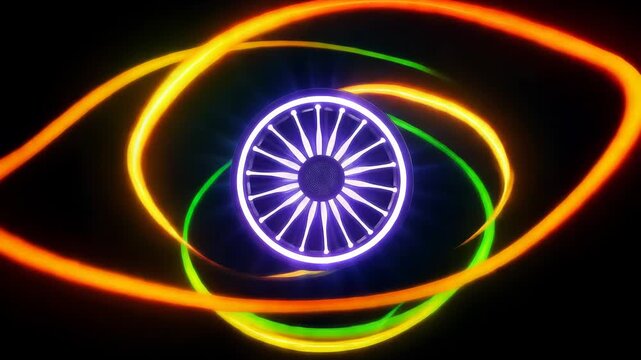 Colorful neon light circle with ashoka chakra in center