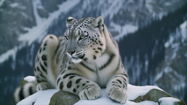 A majestic snow leopard rests gracefully on a snowy rock, showcasing its beauty