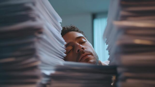 Overworked office professional slumped asleep desk, face partially buried between towering stacks of paperwork, exhaustion and stress visible corporate workspace, overwhelmed by workload modern