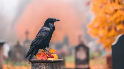 Obraz premium Raven on a gravestone surrounded by autumn leaves in a foggy cemetery
