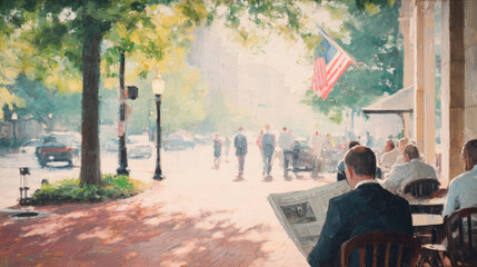 People walking on a city street with trees and a man reading a newspaper
