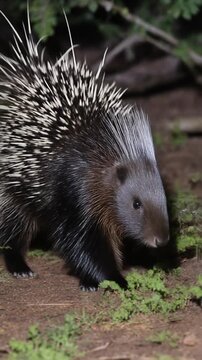 A detailed portrait of a porcupine with its quills erect, showing nature's unique defenses. The animal is captured up close in its natural habitat
