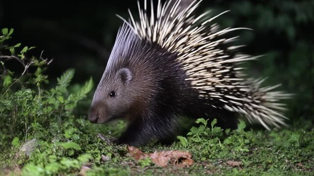 A charming porcupine strolling through the dimness, its quills in stark display 