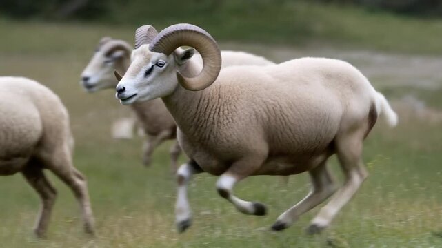 A group of rams in full gallop across a grassy field. The rams are powerful and majestic, with large, curved horns