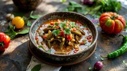 A dish of Georgian cuisine.
Mane lobio (green lobio):
A seasonal summer dish of green beans stewed with tomatoes, onions and egg.