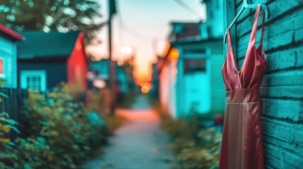 Obraz premium Dress hanging on wall in narrow alley during sunset in city
